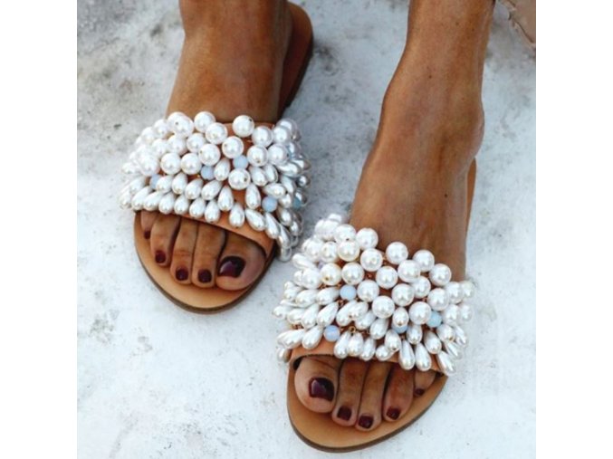 Topánky - dámske topánky - šľapky - dámske letné šľapky zdobené perličkami - dámske šľapky -