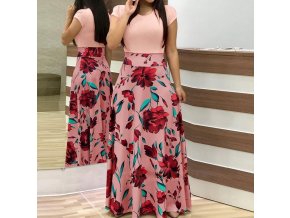 Dámské dlouhé společenské plesové šaty růžové s motivem květin až 2XL (Vel XXL)