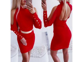 Dámske luxusné červené spoločenské šaty s dlhými rukávmi a odhaleným chrbtom (Velikost L)