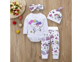 Detské oblečenia- 4 dielny set- body, tepláky, čelenka a čiapočka Jednorožec (Velikost 12m)