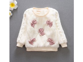 Dětské oblečení- dívčí huňatý teplý svetr bílý s mašličkami- VÝPRODEJ SKLADU (Vel 9m)
