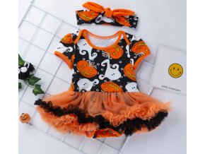 Halloween- detské oranžové body šaty na Halloween s krásnou čelenkou (Velikost 12m)