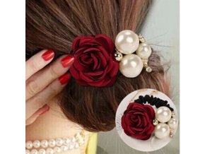 Pre dievčatá- krásna gumička do vlasov s ruží a perličkami viac farieb- Tip na darček (Farba Červená)