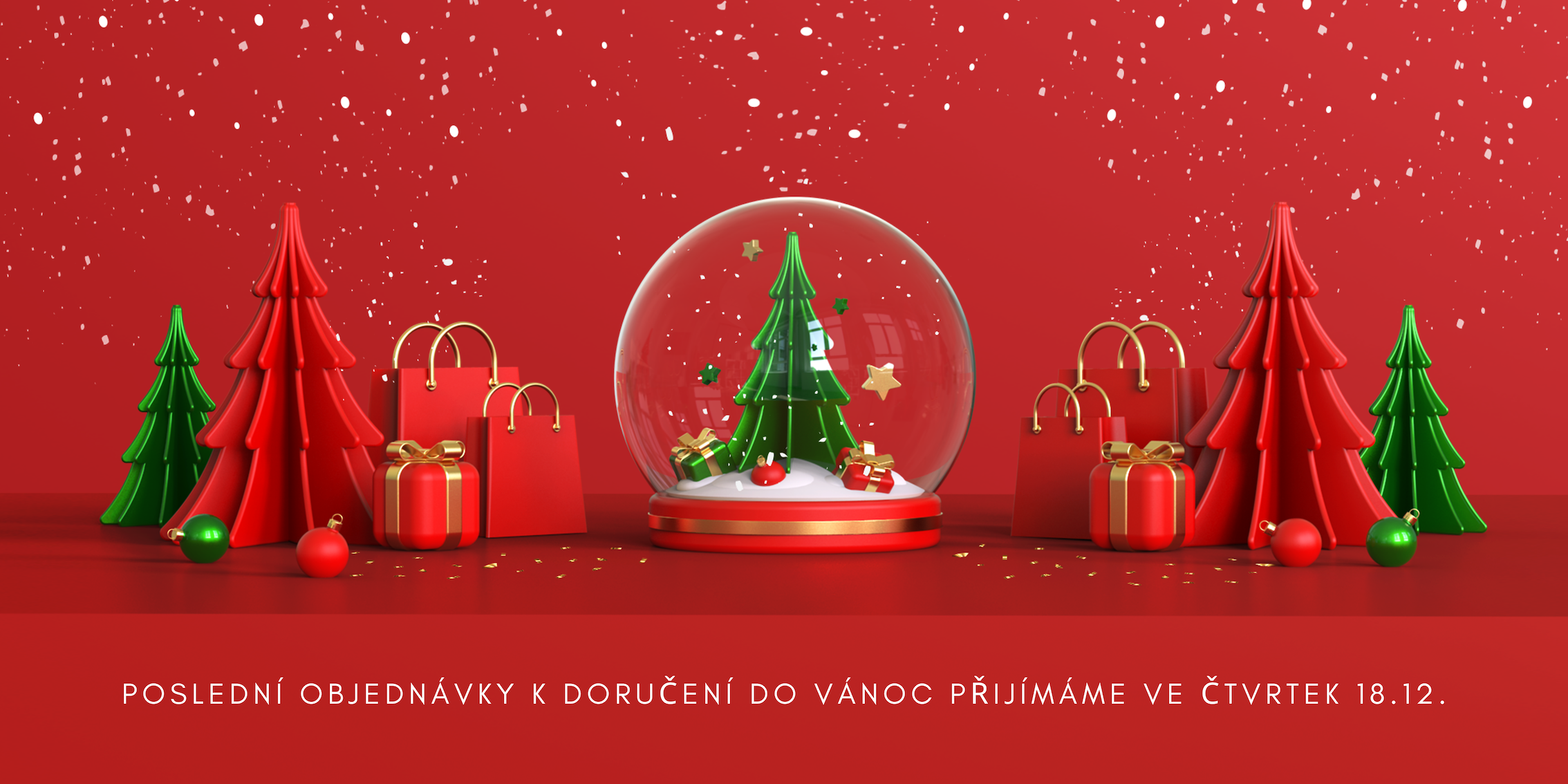 Vánoční banner Tiare Pearls upozorňuje na poslední objednávky k doručení do Vánoc. Na červeném svátečním pozadí jsou zobrazeny stylizované vánoční stromky, dárky a sněhová koule s vánoční dekorací. Banner informuje zákazníky, že poslední objednávky, které