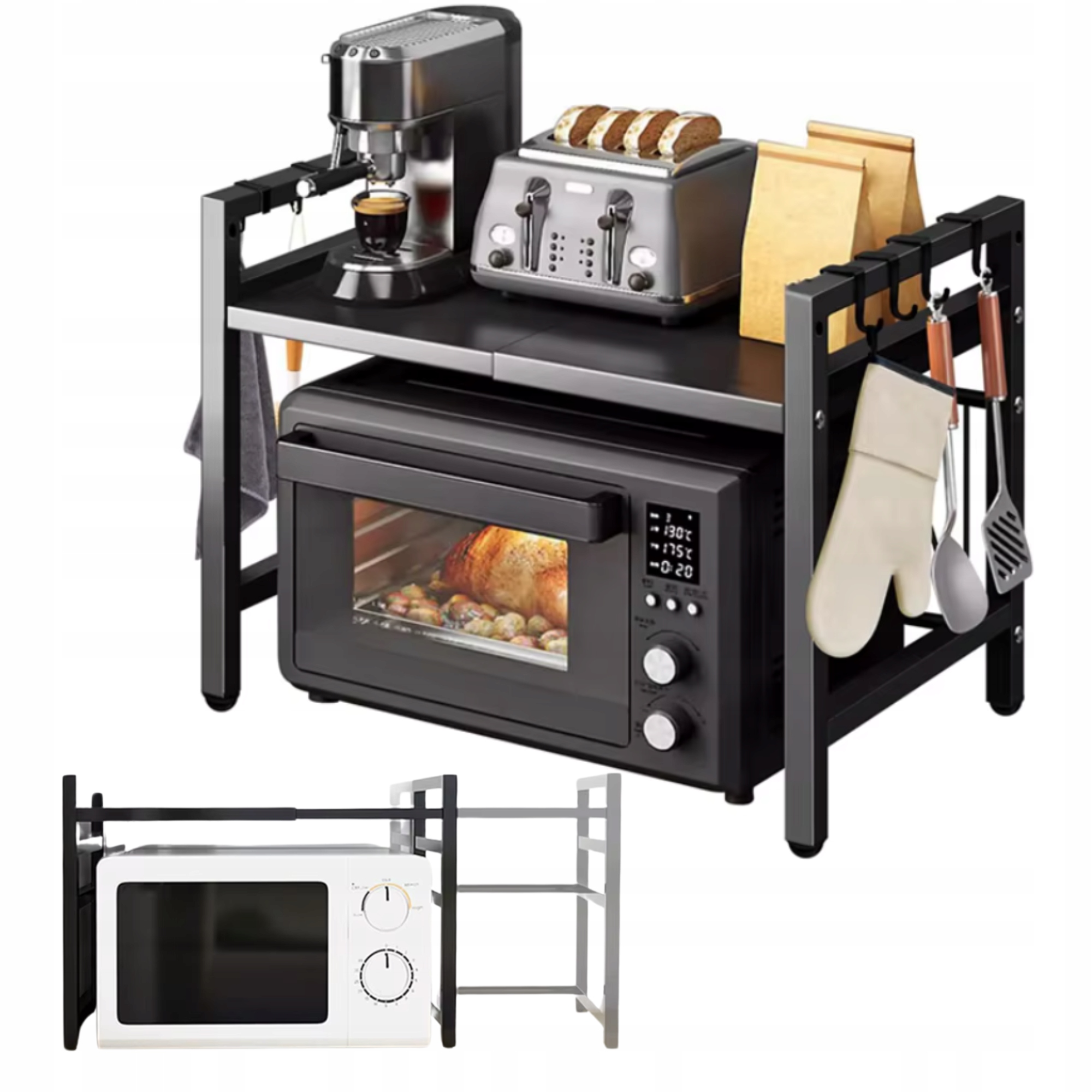 KUCHYŇSKÁ POLICE STOJAN NAD MIKROVLNNOU TROUBU TELESKOPICKÉ HÁČKY REGÁL