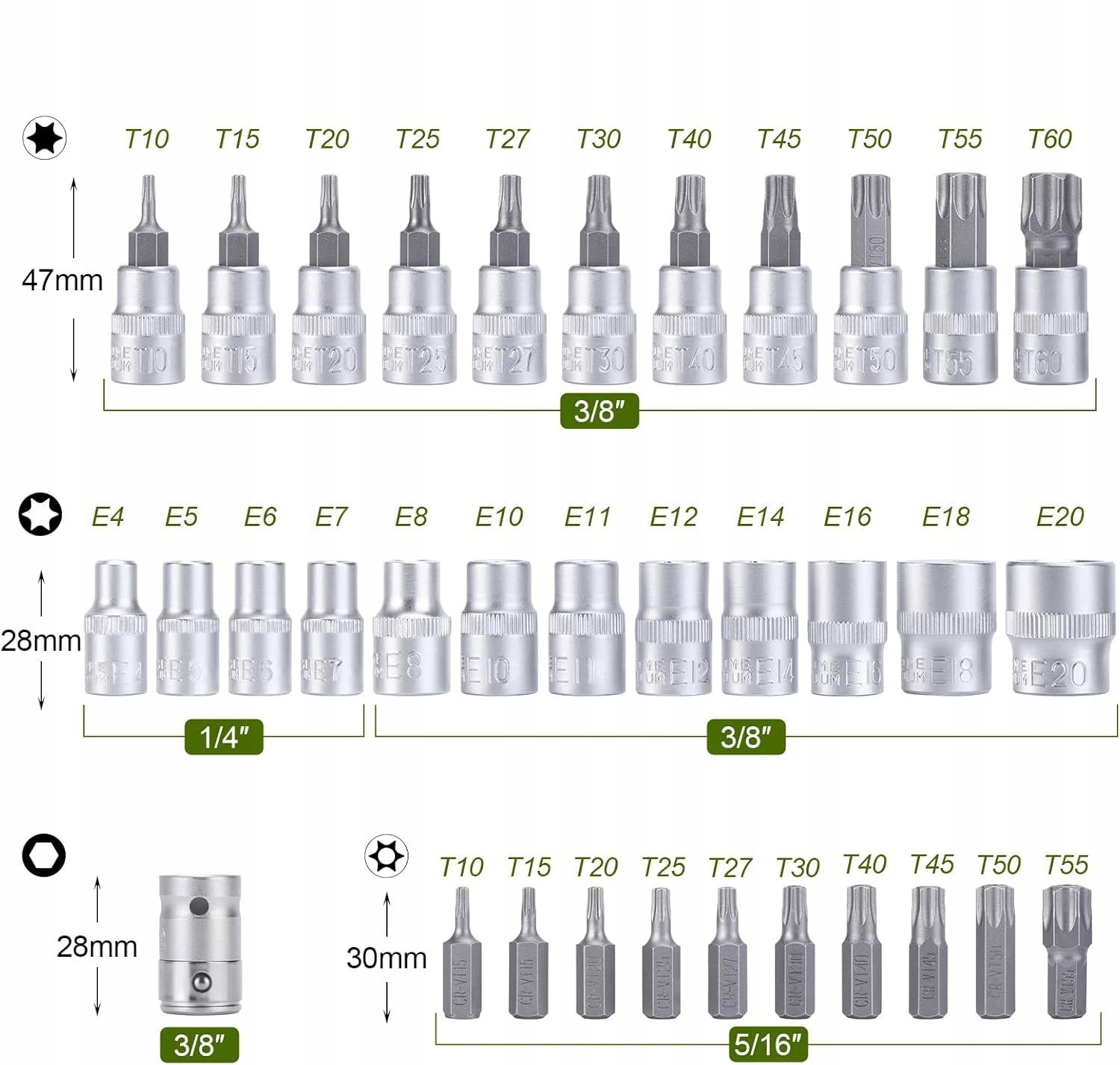NÁSTRČNÉ KLÍČE TORX SPLINE 3/8" NÁSTAVCE BITY SADA KLÍČŮ 34 ks KUFR Značka Satra