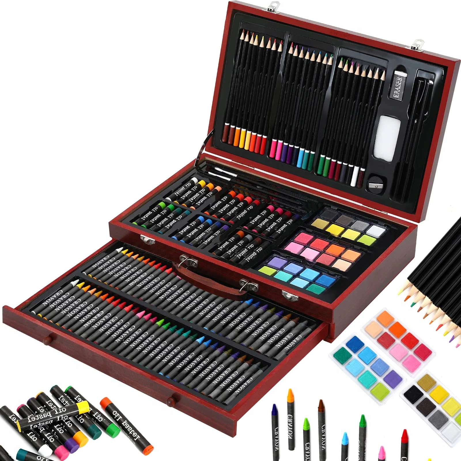 UMĚLECKÁ SADA NA MALOVÁNÍ KRESLENÍ PRO DĚTI, KREATIVNÍ KUFŘÍK XXL Barva bílá černá červená fialová modrá odstíny hnědé a béžové odstíny šedé a stříbrné odstíny žluté a zlaté oranžová růžová vícebarevná zelená ostatní barvy