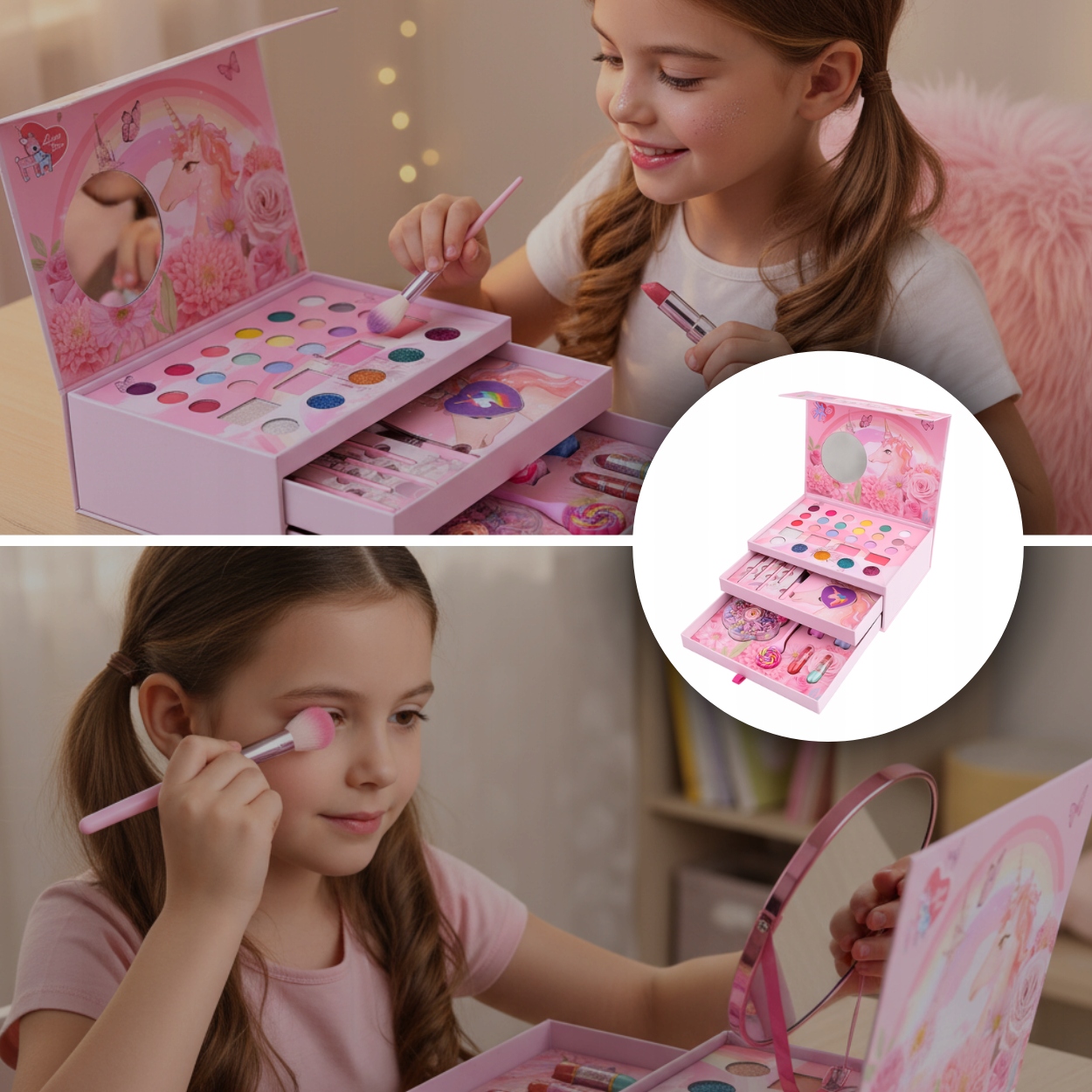 Skládací dětská kosmetická KUFŘÍK s jednorožcem, DÁREK líčicí korálky Hloubka výrobku 18 cm