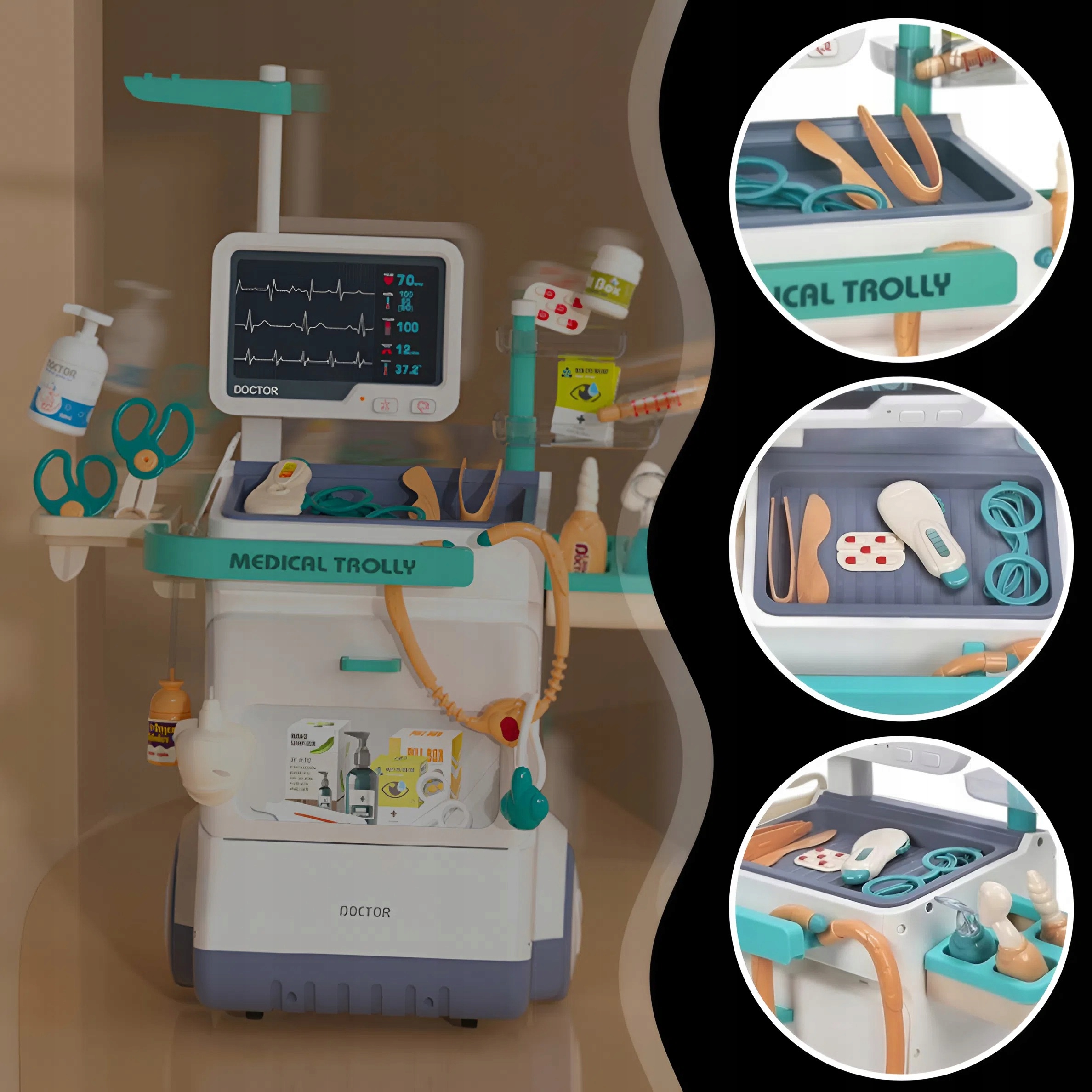 SADA MALÉHO LÉKAŘE, KOČÁREK DOKTOR EKG INTERAKTIVNÍ PRO DĚTI XXL 26 KS Stav balení originální