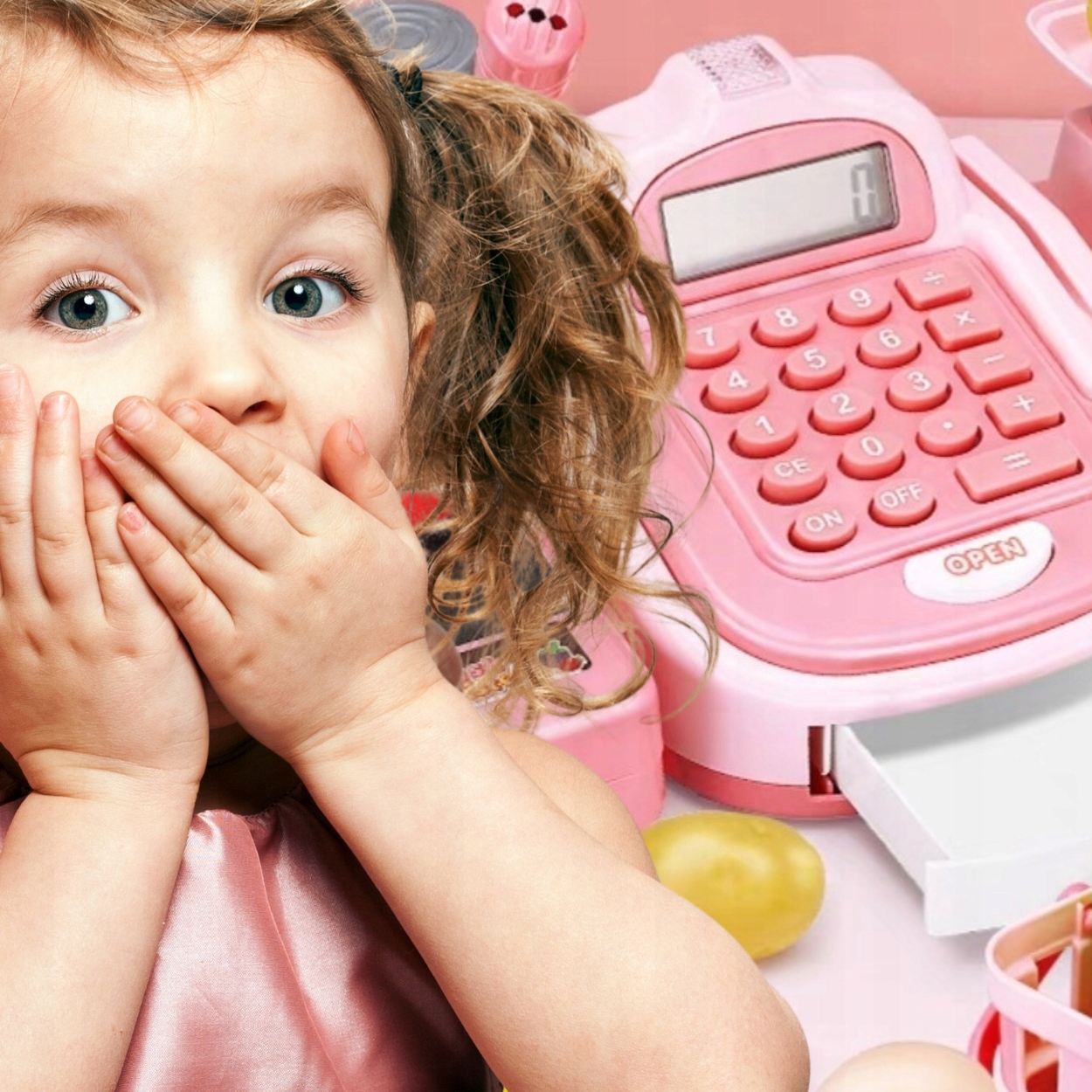 VELKÁ POKLADNA PRO DĚTI, KALKULAČKA, ZVUK, PŘÍSLUŠENSTVÍ, RŮŽOVÁ BARVA Baterie 2 x AA