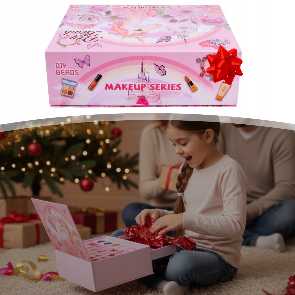 Skládací dětská kosmetická KUFŘÍK s jednorožcem, DÁREK líčicí korálky Barva růžová