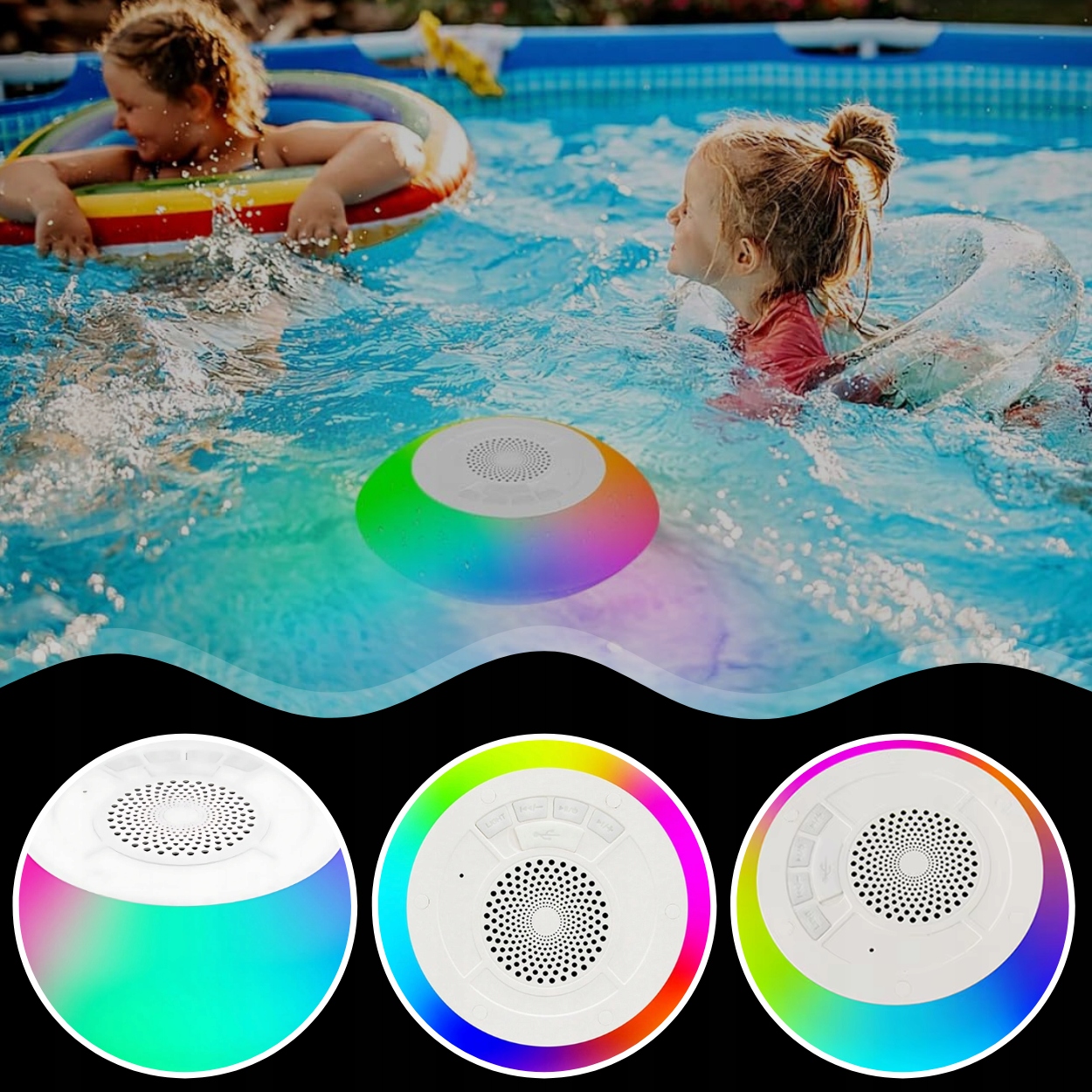 BEZDRÁTOVÝ VODĚODOLNÝ REPRODUKTOR DO BAZÉNU BLUETOOTH LED RGB PLOVOUCÍ Obsahuje baterie ano