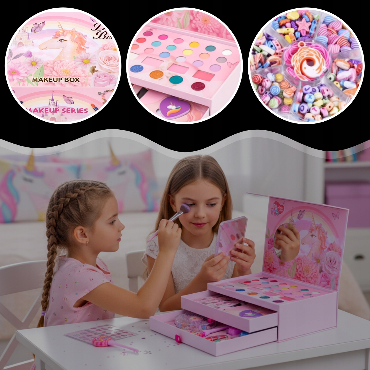 Skládací dětská kosmetická KUFŘÍK s jednorožcem, DÁREK líčicí korálky Materiál plast