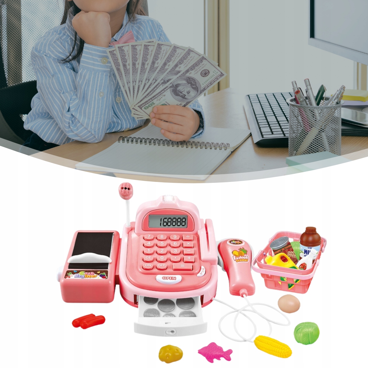 VELKÁ POKLADNA PRO DĚTI, KALKULAČKA, ZVUK, PŘÍSLUŠENSTVÍ, RŮŽOVÁ BARVA Série Kasy sklepowe