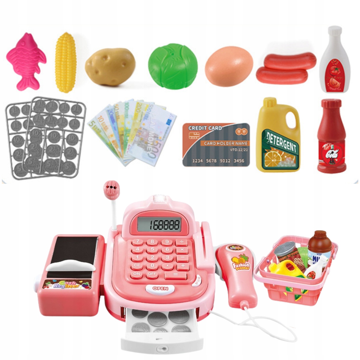 VELKÁ POKLADNA PRO DĚTI, KALKULAČKA, ZVUK, PŘÍSLUŠENSTVÍ, RŮŽOVÁ BARVA Materiál papír plast