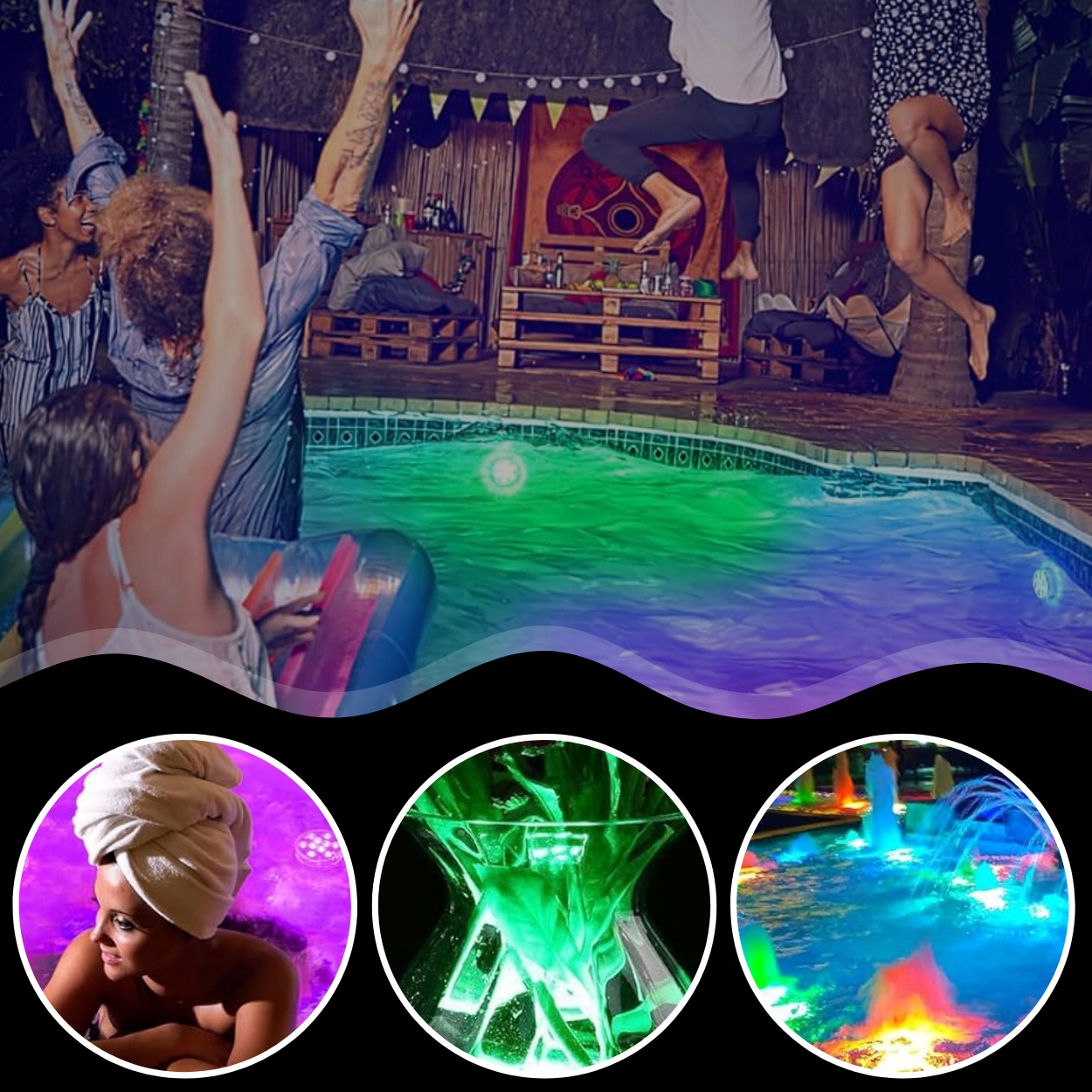 LED OSVĚTLENÍ ZAHRADNÍHO BAZÉNU XL PODVODNÍ BAZÉNOVÉ LAMPY SET 4ks Kód výrobce LEDY BASENOWE OŚWIETLENIE DO BASENU RGB