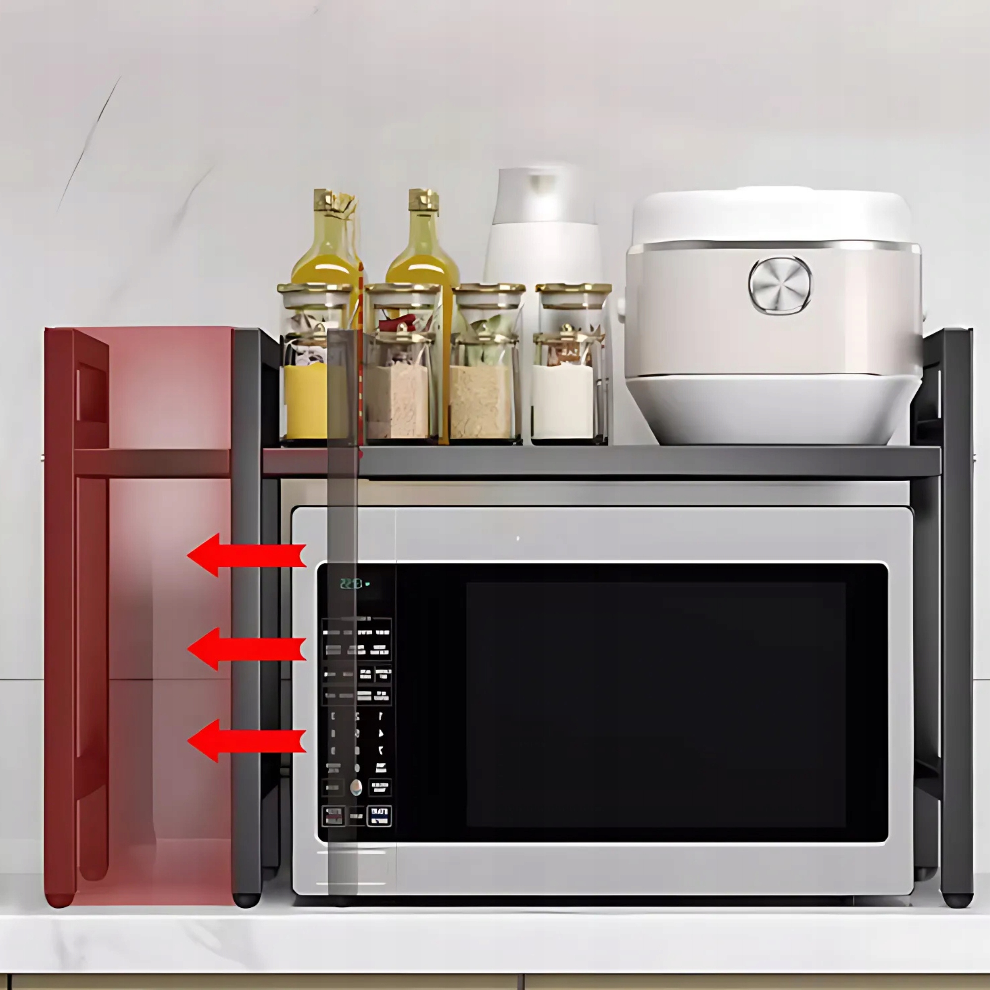 KUCHYŇSKÁ POLICE STOJAN NAD MIKROVLNNOU TROUBU TELESKOPICKÉ HÁČKY REGÁL Hloubka nábytku 36 cm