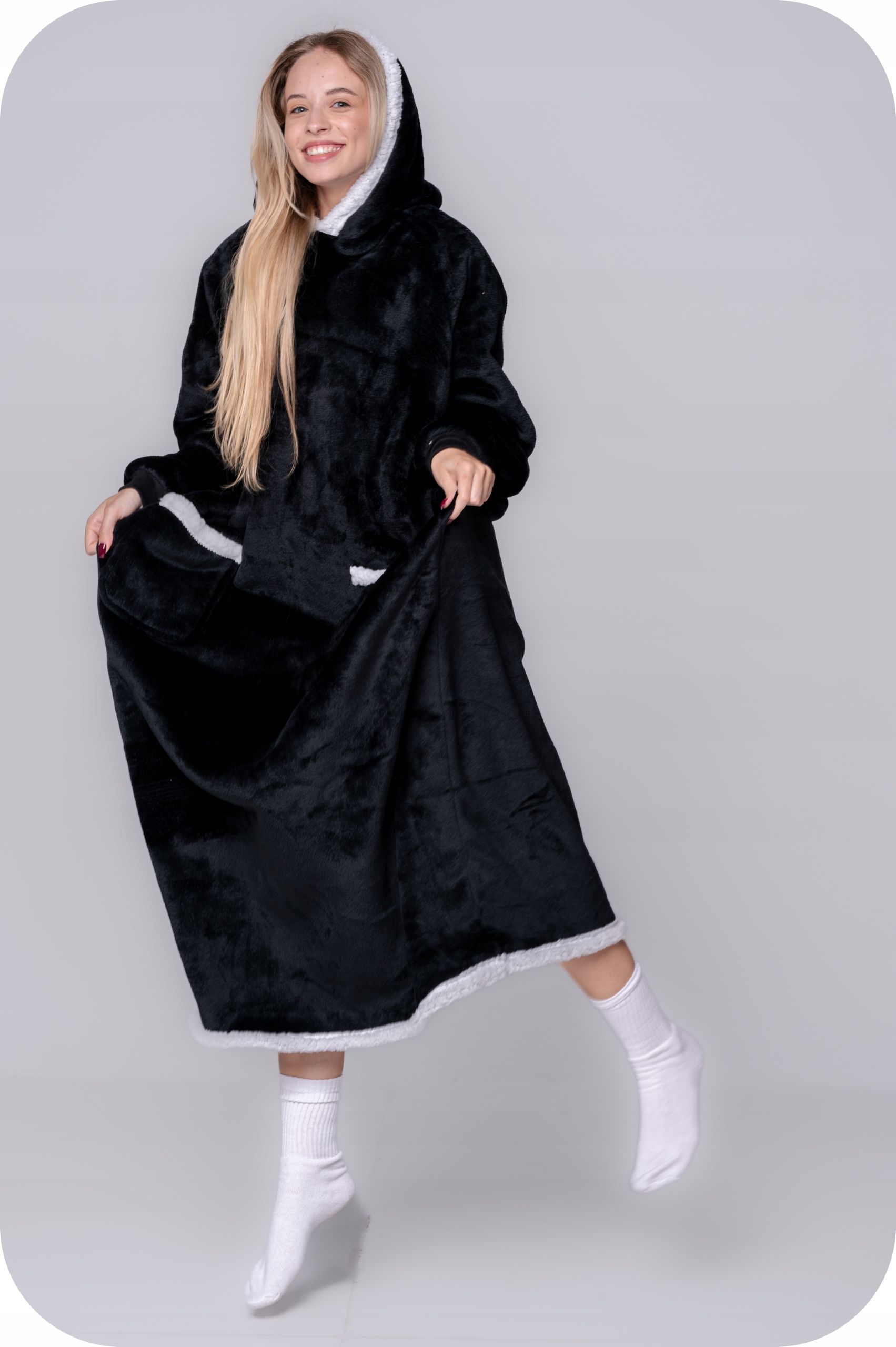 DEKA oversize mikina na kotníky Tlustá MIKINOVÁ DEKA XXL ČERNÁ Kožešina Kapuce Velikost XXL