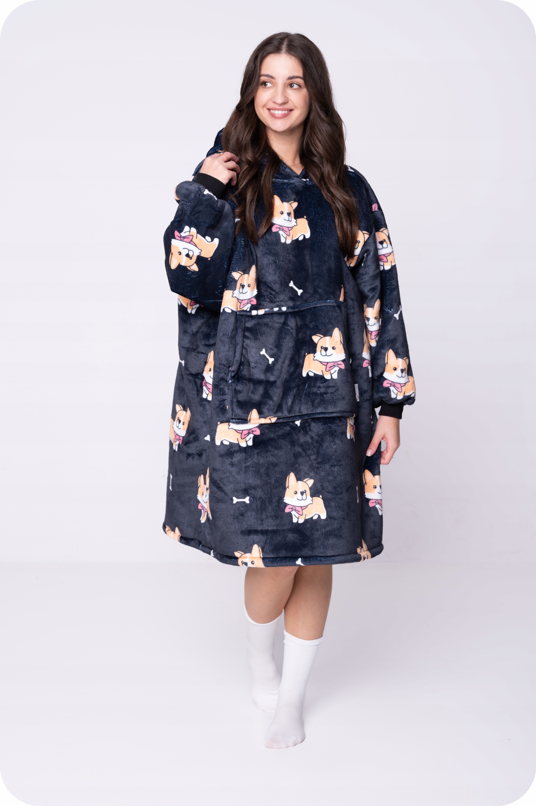 DEKA oversize mikina VELKÁ TĚSNĚJŠÍ MIKINA MIKINOVÁ DEKA 2v1 XXL CORGI VZOR CHLUPAVÁ Deka Model Ciepła bluza dwustronna koc z kapturem