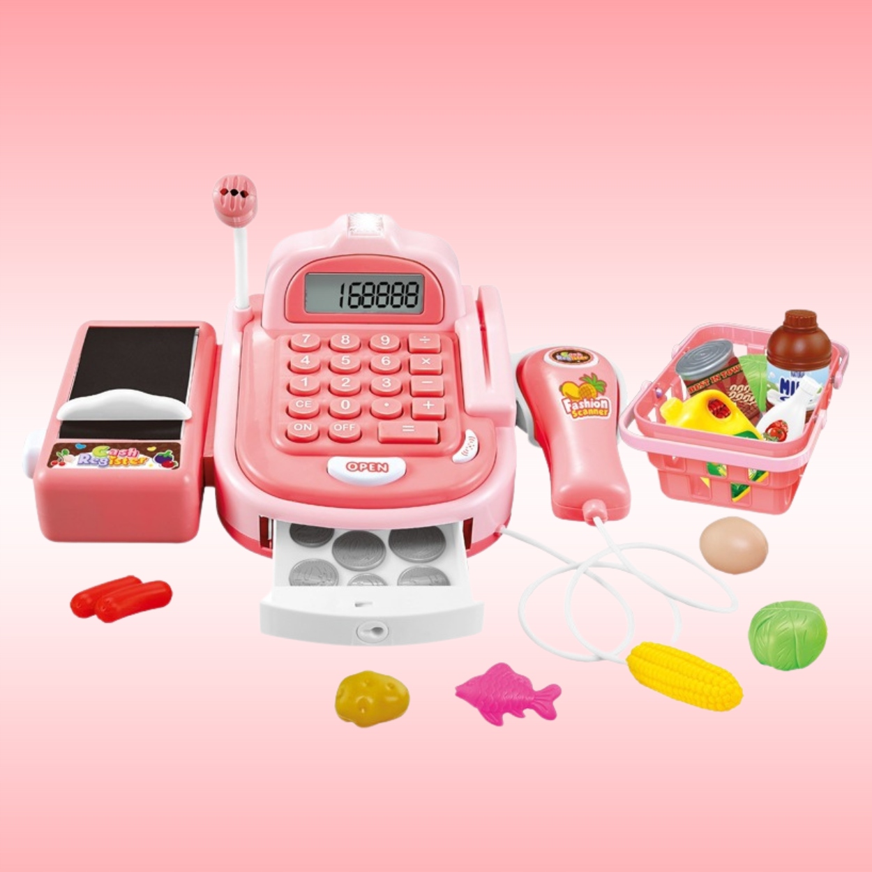 VELKÁ POKLADNA PRO DĚTI, KALKULAČKA, ZVUK, PŘÍSLUŠENSTVÍ, RŮŽOVÁ BARVA Minimální věk dítěte 2