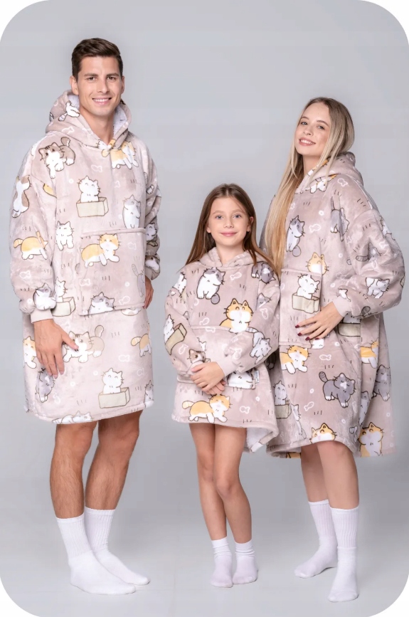 Dětská teplá mikina s přikrývkou DEKA oversize mikina teplá silná mikina MIKINOVÁ DEKA 2v1 XXL, KOČKY, chlupatá Hlavní materiál fleece