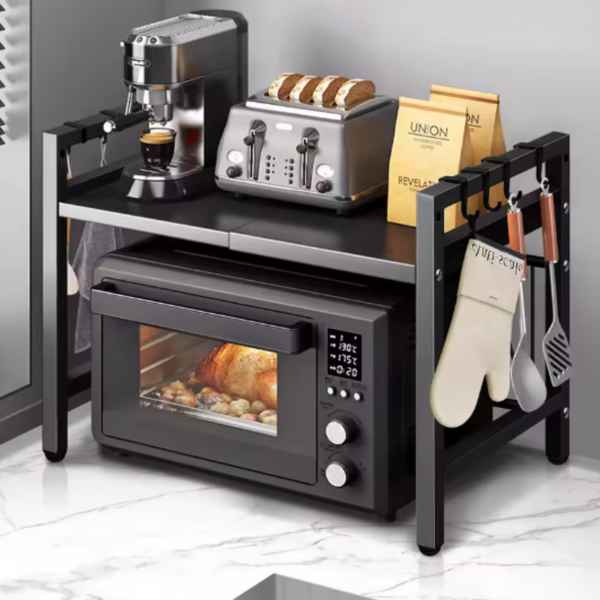 KUCHYŇSKÁ POLICE STOJAN NAD MIKROVLNNOU TROUBU TELESKOPICKÉ HÁČKY REGÁL Šířka nábytku 60 cm