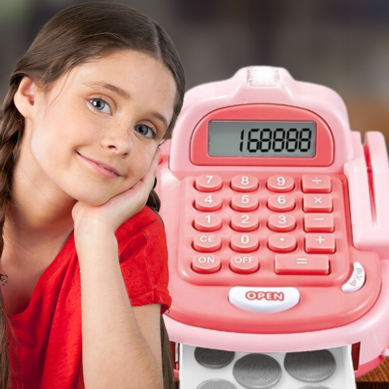 VELKÁ POKLADNA PRO DĚTI, KALKULAČKA, ZVUK, PŘÍSLUŠENSTVÍ, RŮŽOVÁ BARVA Licence žádný