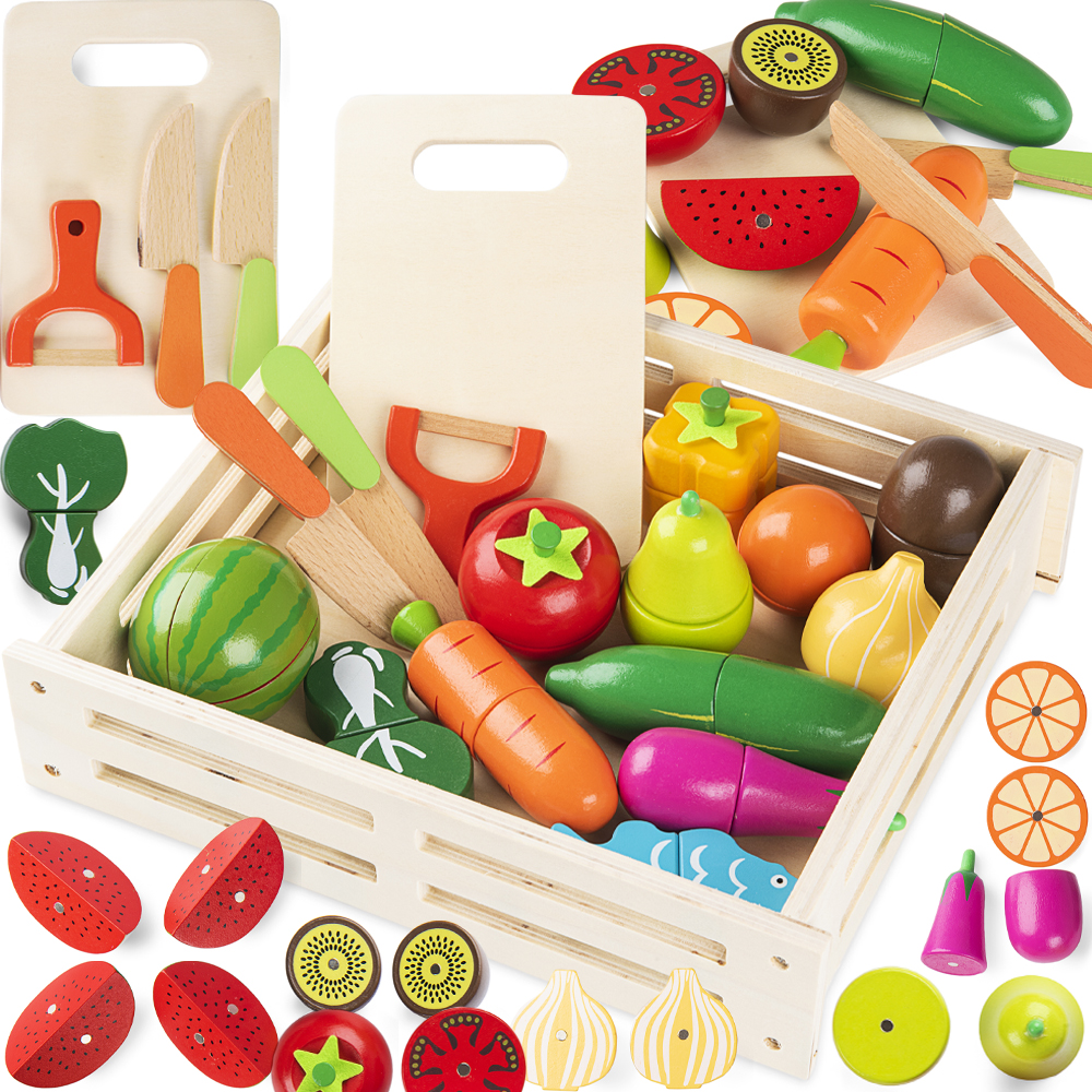 DŘEVĚNÉ OVOCE A ZELENINA NA KRÁJENÍ SADA XXL NA MAGNET S KRABIČKOU 18ks