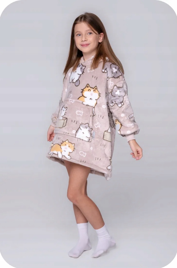 Dětská teplá mikina s přikrývkou DEKA oversize mikina teplá silná mikina MIKINOVÁ DEKA 2v1 XXL, KOČKY, chlupatá Značka žádná značka