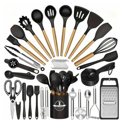 Chevara-Culinary 44dílný set do kuchyně – kompletní výbava na vaření, pečení a servírování, se stojanem, silikon se dřevem a nerez