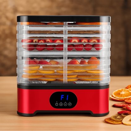 GUDO Výkonná elektrická sušička potravin s 8 platy - ideální pro zdravé mlsání, výrobu jerky, ovocných plátků, zeleninových chipsů, sušených bylinek i pamlsků pro domácí mazlíčky