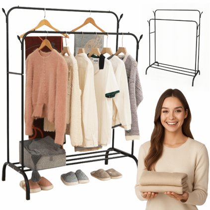 VELINA Šatní kovový věšák na oblečení dvojitý, s policí a bočními háčky – černá, výška 150 cm