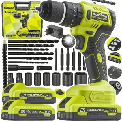 HammerDrill 21V Brushless – aku vrtačka s příklepem, bezkartáčovým motorem, kompletní sadou a 2x21V Li-Ion