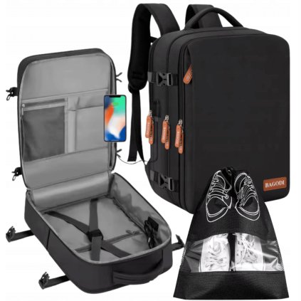 JetPack Travel Cestovný batoh do lietadla 45x30x20 cm – príručná taška s nabíjacím USB portom a vreckom na obuv, spĺňa limity EasyJet, Emirates a ďalšie