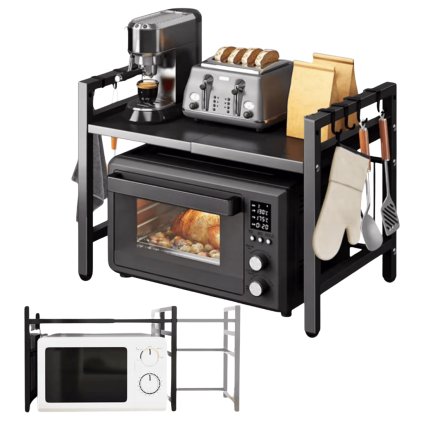 Nastavitelná kovová police nad mikrovlnnou troubu TIBY, s háčky a protiskluzovými patkami, 39-60 cm