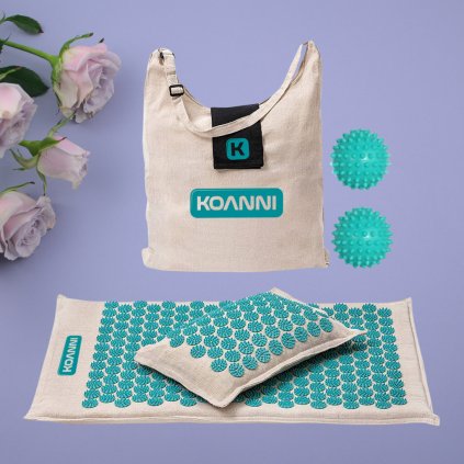 Akupresurní sada KOANNI 4v1 – podložka, polštář, míčky, taška – tyrkysová