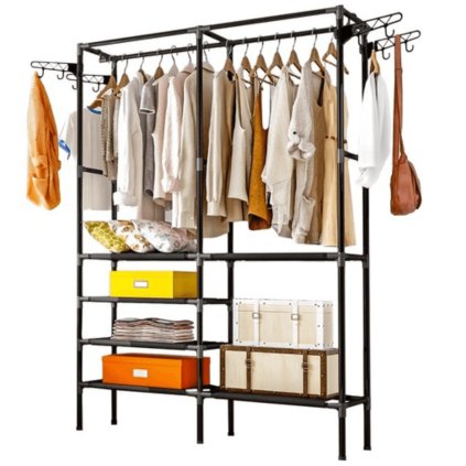 ARVENA Dvojitý šatní stojan s policemi a tyčí – otevřený šatní organizér XXL, černý