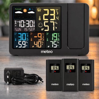 Meteorologická stanice s laserovým projektorem času a teploty