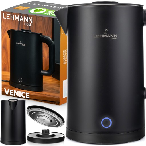 EbonFlow Rychlovarná konvice 1,7 l – moderní konvice 2200 W s dvojitou tepelnou stěnou, 360° otočnou základnou a ochranou proti přehřátí a chodu naprázdno, černá