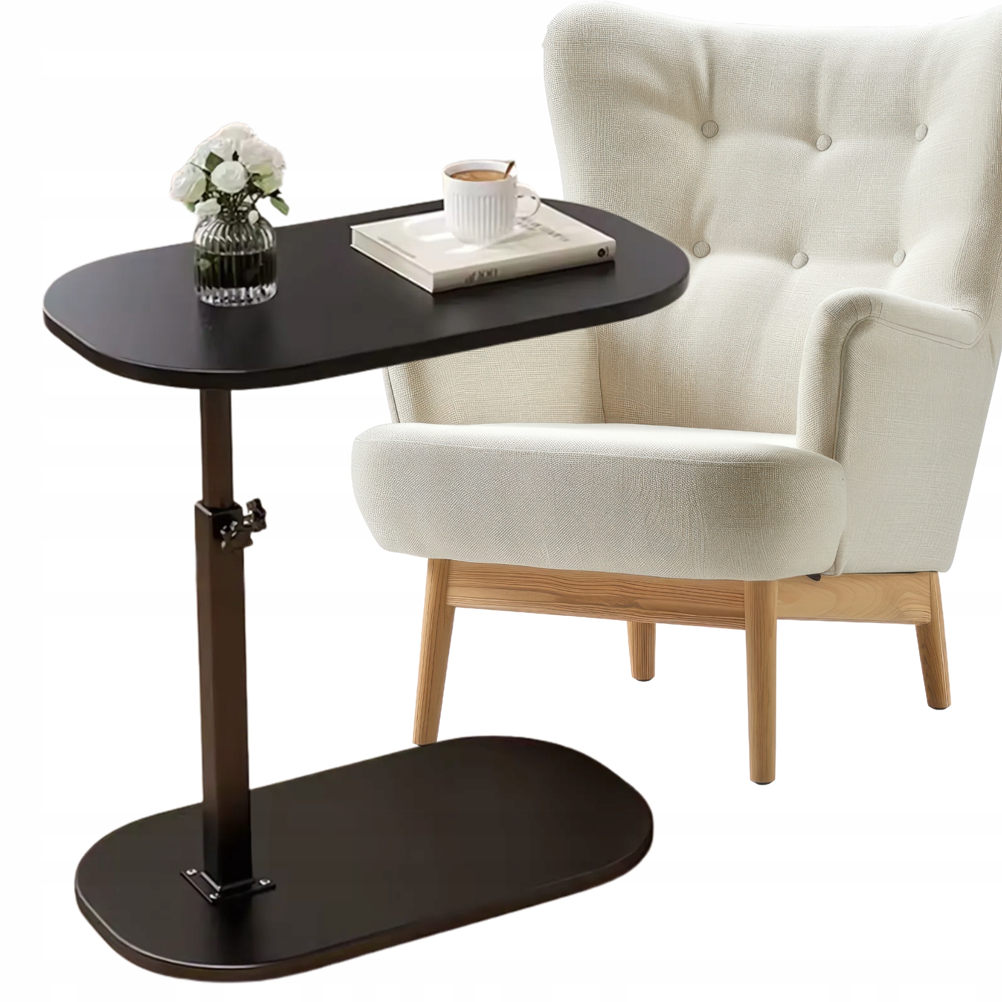 SKIMM kovový stolek černý – oválný, s minimalistickým designem, nastavitelná výška 49-76 cm