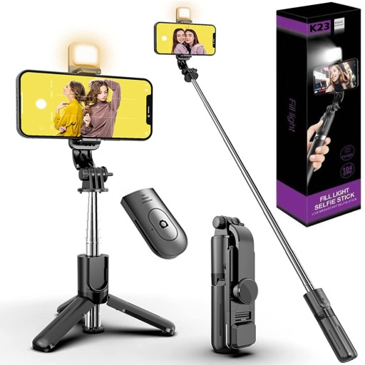LUMINIOS selfie tyč s tripod stativem, LED světlem a dálkovým ovladačem