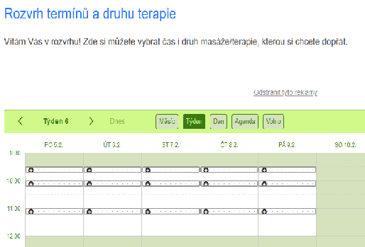 Rezervační kalendář - zde si vyberte druh a čas masáže/terapie