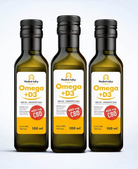 Hodné tuky Omega + D3 a Omega + D3 + CBD druhy: Omega + D3 + 1 200 mg CBD 3 x 100 ml