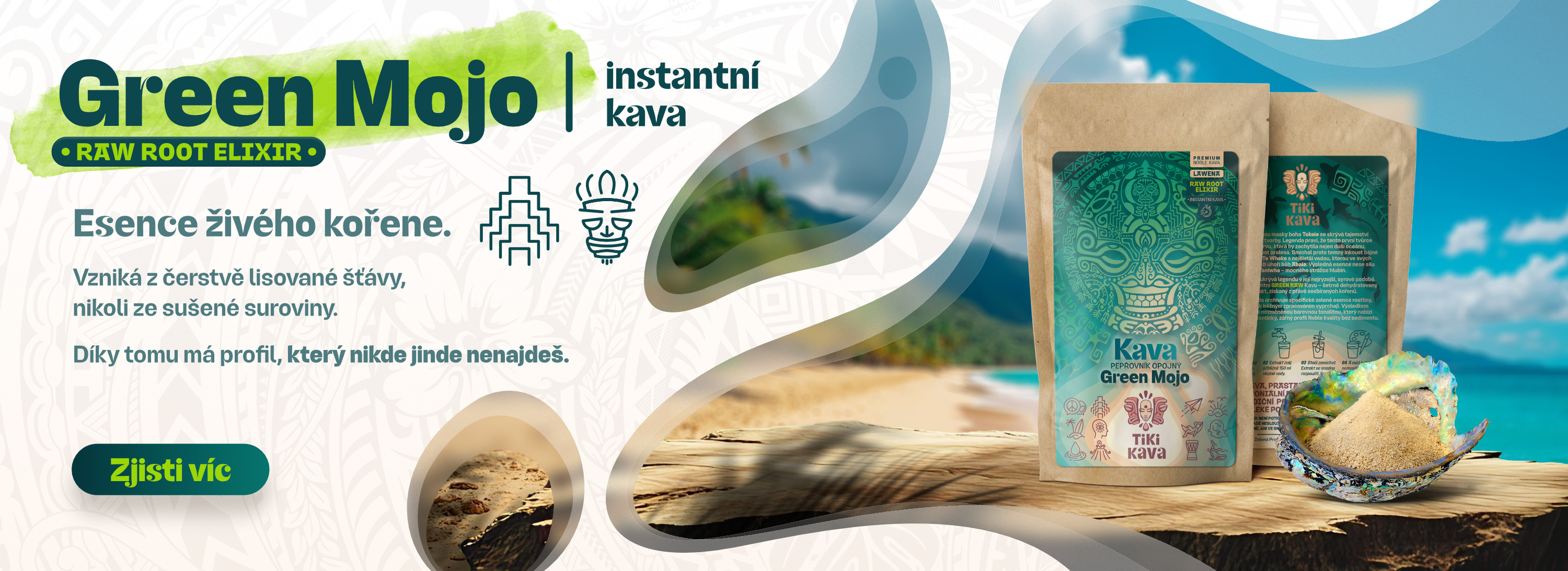 Instantní kava. Green Mojo. Raw Root Elixir. Esence živého kořene. Vzniká z čerstvě vylisované šťávy, nikoli ze sušené suroviny. Díky tomu má výjimečný profil, který nikde jinde nenajdeš. Unikátní kava na trhu. Úplně jiná kava.