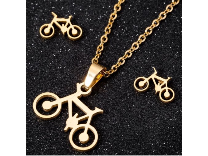 Módna Súprava Retiazky s Príveskom a Náušnice Bicykel (Farba Zlatá)