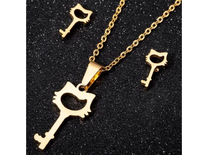 Módna Súprava Retiazky s Príveskom a Náušnice Kľúčik (Farba Zlatá)