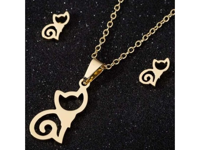 Módna Súprava Retiazky s Príveskom a Náušnice Mačka (Farba Zlatá)