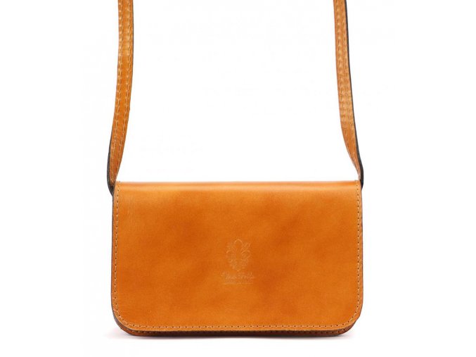 Kožená malá dámska pozdĺžna crossbody kabelka camel hnedá