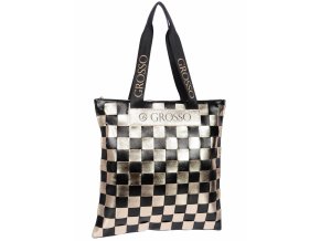 Čierno-zlatá mäkká shopper dámska kabelka s prepletaným šachovnicovým vzorom S688 GROSSO