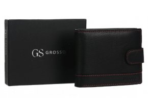 Kožená čierna pánska peňaženka so zápinkou a červenou niťou v krabičke GROSSO